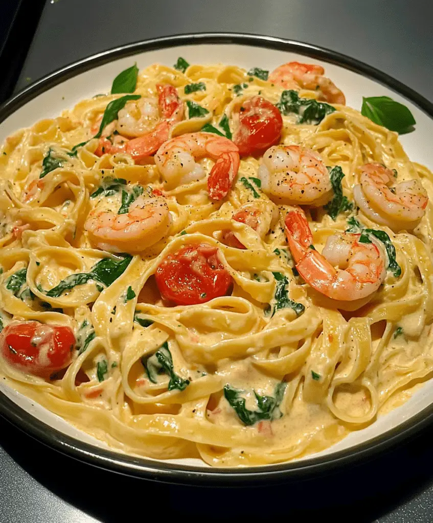 Fettuccine With Shrimp, Tomatoes, And Spinach Cream Sauce Recipe