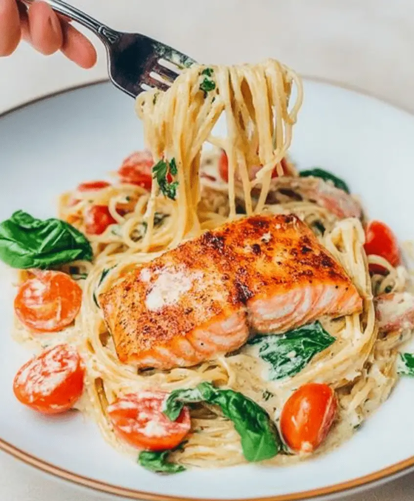 Healthy & Creamy Tuscan Salmon Pasta Recipe