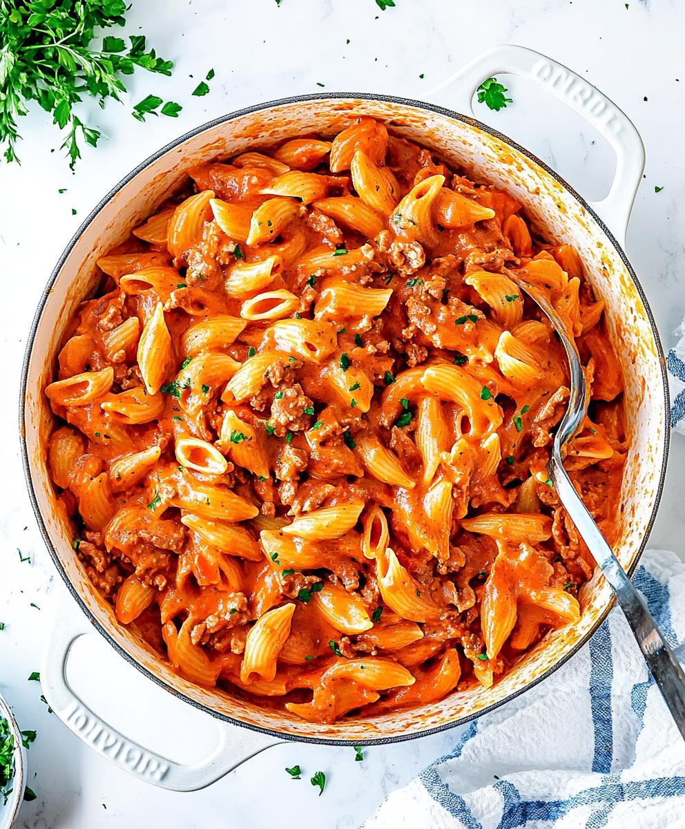 One Pot Creamy Tomato Beef Pasta Recipe