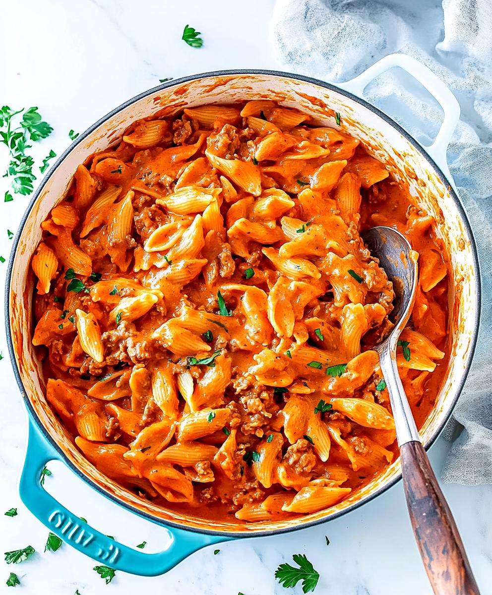 One Pot Creamy Tomato Beef Pasta Recipe
