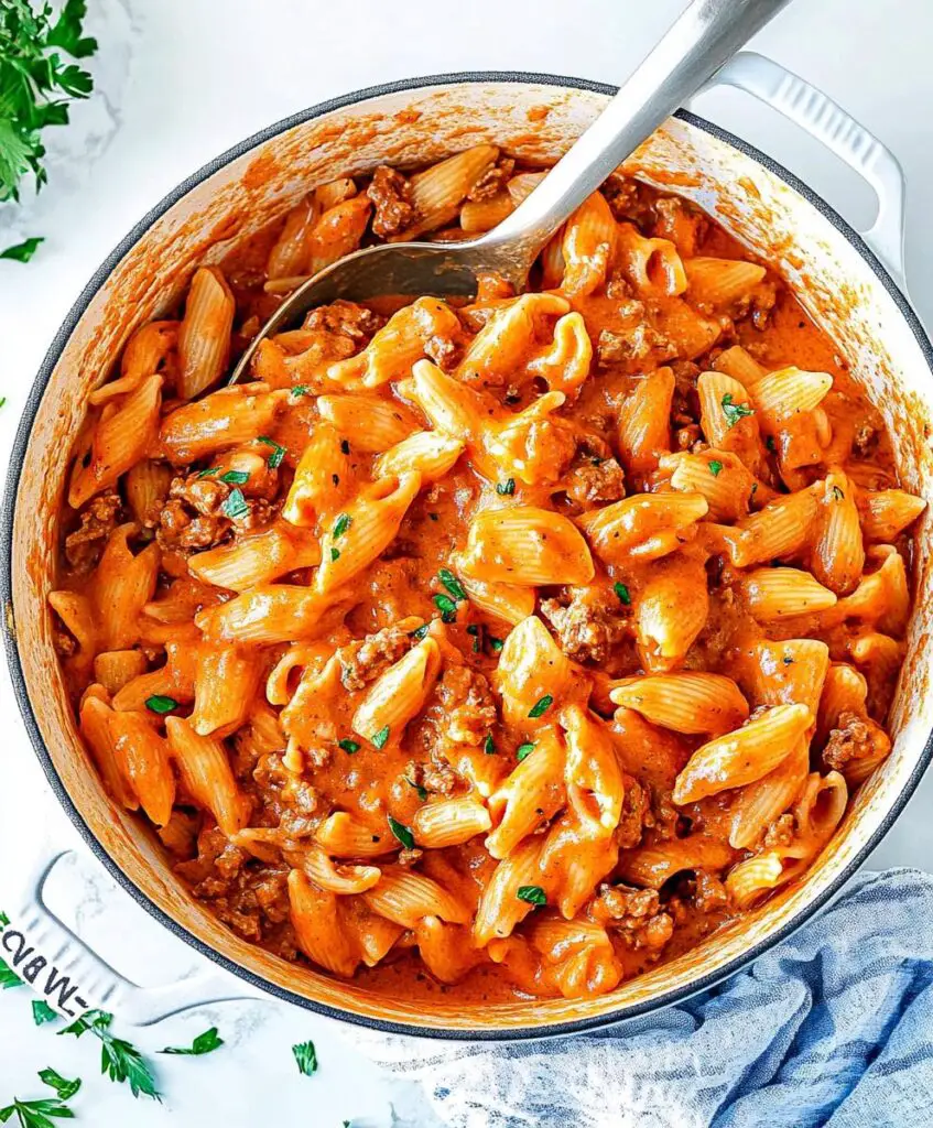 One Pot Creamy Tomato Beef Pasta Recipe